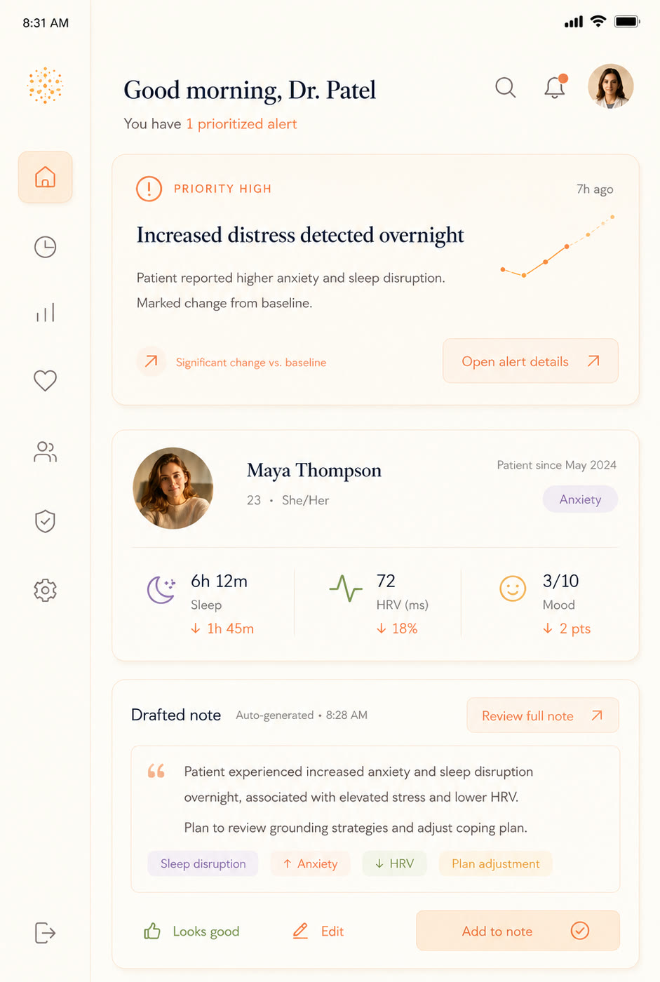Swiv clinician dashboard: one prioritized alert with the note drafted